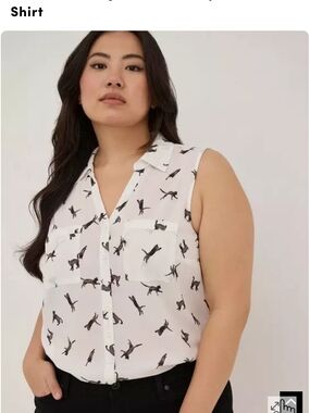 torrid White Sleeveless Button-Down Shirt with Raining Cat Print Womans Wize 6X